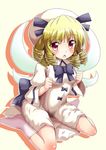  blonde_hair chestnut_mouth drill_hair fairy_wings hat luna_child red_eyes sitting solo touhou wariza wide_sleeves wings yakumo_nanahara 