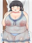  1girl areolae bare_shoulders black_eyes black_hair breasts fat female freckles huge_breasts large_areolae nightgown nipples no_bra obese open_mouth original panties ponytail see-through shimejix solo standing underwear 