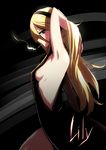  armpits arms_up black_dress blonde_hair blue_eyes breasts caffein character_name cigarette dress headphones highres lily_(vocaloid) long_hair medium_breasts no_bra sideboob sideways_glance smoking solo vocaloid 