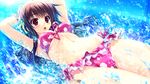  1girl bare_hips bikini blush breasts brown_hair female game_cg highres kugayama_konoka long_hair navel open_mouth pink_eyes prism_recollection! shintarou solo swimsuit underboob water 