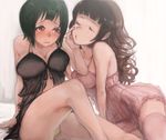  babydoll bare_legs blush breast_grab breasts brown_hair code-aa grabbing groping hidaka_mai highres idolmaster idolmaster_(classic) idolmaster_dearly_stars imminent_kiss large_breasts medium_breasts mole mole_under_mouth multiple_girls o3o otonashi_kotori red_eyes thighhighs white_background yuri 