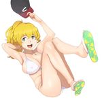  armpits baseball_cap bikini blonde_hair breasts cleavage covered_nipples freckles front-tie_top green_eyes gundam hat jack_hamster jewelry kay_nimrod large_breasts long_hair md5_mismatch necklace open_mouth pendant sandals sd_gundam_g-generation sideboob simple_background skindentation smile solo swimsuit white_background white_bikini 
