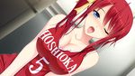  1girl akino_subaru basketball_jersey blue_eyes breasts cleavage covered_nipples erect_nipples game_cg hair_ribbon hatsukoi_1/1 jersey koizumi_amane large_breasts looking_at_viewer open_mouth red_hair ribbon saliva short_hair side_ponytail solo tsukishima_kyo wink 