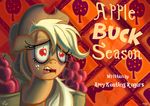  applejack_(mlp) basket blonde_hair bloodshot_eyes cowboy_hat english_text equine female feral freckles friendship_is_magic fruit hair hat horse jowybean mammal messy_hair my_little_pony pony solo text tired title_card 