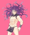  braid earrings horns jewelry jojo_no_kimyou_na_bouken kars_(jojo) loincloth long_hair male_focus pink_background prehensile_hair purple_hair red_eyes simple_background solo time003 