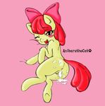  after_sex anibaruthecat anus apple_bloom_(mlp) blush bow butt cub cum cum_in_pussy cum_inside english_text equine female feral friendship_is_magic hair horse looking_at_viewer lying mammal my_little_pony on_side one_eye_closed plain_background pony pussy red_hair solo text wink young 