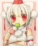  animal_ears bad_id bad_pixiv_id dango detached_sleeves eating food frame hat hat_ribbon inubashiri_momiji long_sleeves looking_at_viewer marker_(medium) red_eyes ribbon sanshoku_dango sawatari_(sado) shirt short_hair silver_hair skewer solo tokin_hat touhou traditional_media upper_body wagashi wide_sleeves wolf_ears 