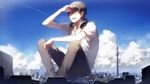  city cityscape cloud day giant glasses headphones male_focus niconico open_mouth pants rella scenery shirt shoose sitting sky solo time_machine_(vocaloid) tokyo_sky_tree tower vocaloid 