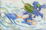  backpack bag blue_eyes blue_hair boots colored_pencil_(medium) hair_bobbles hair_ornament hat highres kawashiro_nitori kitazinger navel open_mouth short_hair skirt skirt_set solo touhou traditional_media two_side_up 