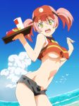  :d beach belly bird blush breasts cloud crop_top crop_top_overhang day fisheye food french_fries ginmaru hat hataraku_maou-sama! large_breasts mcdonald's midriff navel open_mouth outdoors red_hair sasaki_chiho seagull short_hair short_shorts shorts sky smile solo tray twintails underboob visor_cap yellow_eyes 