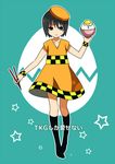  aosa_(michikusakan) black_eyes black_hair bowl chopsticks dress egg hat keikain_yura nurarihyon_no_mago rice short_hair smile socks solo star tamagokake_gohan 