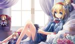  :d alice_margatroid bad_id bad_pixiv_id barefoot bed blonde_hair book bow closed_eyes curtains flower flower_pot hair_bow hairband highres looking_at_viewer multiple_girls open_mouth shanghai_doll short_hair sitting smile tecoyuke touhou 