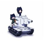  blue_eyes caterpillar_tracks chibi emblem fang girls_und_panzer ground_vehicle helmet homura-yoshida35 katyusha kv-2 military military_uniform military_vehicle motor_vehicle multiple_girls nonna on_vehicle pravda_(emblem) pravda_military_uniform short_jumpsuit smile tank uniform 