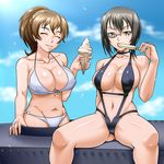  bikini black_hair breasts brown_hair closed_eyes curvy eating food front-tie_top girls_und_panzer ice_cream kawashima_momo koyama_yuzu kuro_fn large_breasts monocle multiple_girls navel ponytail popsicle shiny shiny_skin short_hair sitting skindentation swimsuit yellow_eyes 