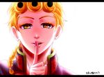  bad_id bad_pixiv_id blonde_hair braid earrings finger_to_mouth giorno_giovanna jewelry jojo_no_kimyou_na_bouken male_focus ronpa96pepe solo translation_request yellow_eyes 