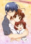  2girls antenna_hair blue_hair brown_eyes brown_hair clannad closed_eyes family father_and_daughter furukawa_nagisa hug hug_from_behind husband_and_wife jewelry mother_and_daughter multiple_girls okazaki_tomoya okazaki_ushio open_mouth ring smile spoilers yukimitsuki 