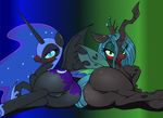  anus blue_hair blush butt changeling equine female feral friendship_is_magic green_eyes hair horn horse looking_at_viewer lying mammal my_little_pony nightmare_moon_(mlp) on_side open_mouth pony pussy queen_chrysalis_(mlp) tongue winged_unicorn wings zev 