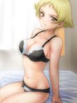  bed black_bra black_panties blonde_hair blush bow bow_bra bow_panties bra breasts brown_eyes cleavage erwin_(girls_und_panzer) girls_und_panzer large_breasts lingerie looking_at_viewer panties rinoko short_hair sitting solo underwear underwear_only 