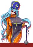  1girl amano_taiki apron areolae blue_hair bodysuit breasts brown_eyes chunsoft collarbone covered_nipples curvy dragon_quest dragon_quest_iii enix erect_nipples female gloves happy hat highres hips huge_breasts large_areolae latex latex_suit legs long_hair morning_star mound_of_venus nipples priest_(dq3) pussy red_eyes shiny shiny_skin shoes smile solo very_long_hair weapon wide_hips 
