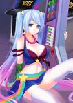  arcade arcade_sona blue_eyes blue_hair bra breasts jewelry keyboard league_of_legends lol sona_buvelle stockings thighhighs underwear 