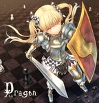  7th_dragon 7th_dragon_(series) armor belt berich_(7th_dragon) blonde_hair board_game bow broken checkered chess damaged hair_bow knight_(7th_dragon) long_hair sabamu shield smile solo yellow_eyes 