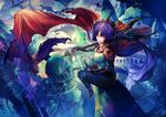  amrita_(samsara_naga) bad_id bad_pixiv_id building cape circlet dragon eel_(artist) looking_at_viewer over_shoulder polearm purple_hair samsara_naga short_hair sitting solo staff weapon 