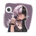  1girl :/ absurdres arm_strap black_choker black_dress black_hair breasts chest_belt choker cleavage closed_mouth commentary cropped_torso dress english_commentary grey_background grey_hair hair_ornament hand_on_own_cheek hand_on_own_face head_rest highres holding holding_pen hololive hololive_english lace lace_choker large_breasts long_hair looking_to_the_side multicolored_hair pen pendant_choker seventeencrows shiori_novella shiori_novella_(1st_costume) solo split-color_hair spoken_squiggle squiggle striped_arm_warmers two-tone_background two-tone_hair virtual_youtuber white_background yellow_eyes 