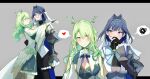  2girls antlers bangs black_gloves blue_eyes blue_hair blush branch breasts ceres_fauna chinese_commentary cleavage commentary_request earrings eye_contact face-to-face gloves green_hair green_nails hair_between_eyes head_chain heart highres hololive hololive_english jewelry leaf long_hair looking_at_another medium_hair multiple_girls ouro_kronii spoken_heart spoken_squiggle spwhitebs squiggle sweat underboob virtual_youtuber yellow_eyes yuri 