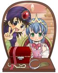  1girl :d blue_hair blush bow brown_eyes brown_hair cape comb demerin dragon_quest dragon_quest_v flora green_eyes hero_(dq5) jewelry mirror necklace open_mouth pearl_necklace ring short_hair smile tiara turban v younger 