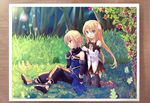  1girl bad_id bad_pixiv_id blonde_hair blue_eyes boots brown_hair emil_castagnier fang gloves knee_boots long_hair marta_lualdi red_eyes scarf smile tales_of_(series) tales_of_symphonia tales_of_symphonia_knight_of_ratatosk yoshi_(koloio) 