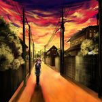  bad_id bad_pixiv_id brown_hair carrying cat city dress evening house lamppost long_hair miyabi_akino multiple_girls original piggyback pole power_lines scenery sky sunset walking 