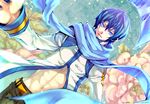  abs blue_eyes blue_hair blue_scarf flower fukki kaito male_focus midriff scarf solo vocaloid 