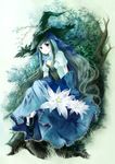  bad_id bad_pixiv_id blue_eyes dress flower gloves green_hair hat long_hair miyabi_akino original solo tree very_long_hair witch_hat 