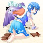  barefoot blue_eyes blue_hair des feet geta heterochromia karakasa_obake oriental_umbrella purple_umbrella red_eyes shadow shoes short_hair single_shoe skirt solo tatara_kogasa tears tongue torn_clothes touhou translation_request umbrella 