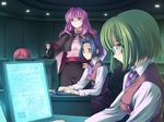  black_hair blue_eyes blue_hair brown_eyes computer dark_room game_cg glasses green_hair ijuuin_mikage long_hair multiple_girls non-web_source pink_hair red_hair school_uniform short_hair shuumatsu_shoujo_gensou_alicematic takanashi_kei 