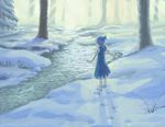  77gl blue_hair bow cirno dress footprints forest from_behind hair_bow ice looking_down nature outstretched_arms ribbon short_sleeves snow socks solo spread_arms standing stream sunlight touhou tree winter 