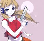  android bad_id bad_pixiv_id blonde_hair blue_eyes curly_brace doukutsu_monogatari grin gun hands long_hair midriff navel pale_skin robot_ears sasamori_tomoe simple_background smile solo star tank_top weapon 