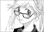  adjusting_eyewear cleo_everlastin face glasses greyscale hands kittaka_kaname long_hair lowres majutsushi_orphen monochrome ponytail smile solo 