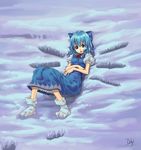  77gl bad_id bad_pixiv_id blue_eyes blue_hair cirno hands ribbon short_hair snow solo touhou 