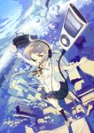  ahoge bad_id bad_pixiv_id bandages blush book brown_hair cityscape copyright_request digital_media_player falling headphones ipod kacchuu skirt solo tears 