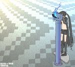 1girl belt bikini_top black_hair black_rock_shooter black_rock_shooter_(character) boots burning_eye checkered hood jacket knee_boots long_hair midriff navel shorts solo star telescope twintails uneven_twintails very_long_hair 