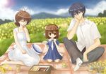  2girls antenna_hair barefoot blue_eyes blue_hair brown_eyes brown_hair child clannad closed_eyes dango_daikazoku family food furukawa_nagisa huan_ying multiple_girls okazaki_tomoya okazaki_ushio picnic ponytail school_uniform short_hair 