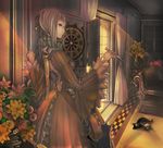  bad_id bad_pixiv_id blonde_hair cat checkered copyright_request couch darts dress flower kentarou open_mouth red_eyes solo 