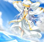  blue_hair cloud day green_eyes highres index long_hair makai_no_koutaishi ocean robe sky solo splashing to_aru_majutsu_no_index wading water 