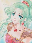  bad_id bad_pixiv_id earrings final_fantasy final_fantasy_vi green_eyes green_hair jewelry long_hair necklace ponytail smile solo tina_branford traditional_media yukiou 