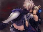  1girl 2009 armor armored_dress black_armor boots carrying couple crown dress grey_background gwendolyn hetero jayun md5_mismatch odin_sphere oswald_(odin_sphere) panties princess_carry resized strapless strapless_dress thigh_boots thighhighs underwear upscaled white_hair 