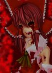  ashima_takumi black_sclera blood crazy_eyes detached_sleeves fangs hakurei_reimu horror_(theme) red_eyes ribbon sarashi solo touhou vampire 