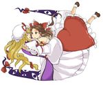  blonde_hair brown_hair detached_sleeves eyes falling gap hakurei_reimu hat hug long_hair multiple_girls nugaa red_eyes ribbon sarashi surprised touhou yakumo_yukari 