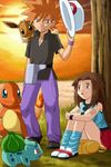  1girl blue_(pokemon) brown_eyes brown_hair bulbasaur charmander eevee gen_1_pokemon hat hat_removed headwear_removed holding holding_hat ookido_green pokemoa pokemon pokemon_(creature) pokemon_(game) pokemon_frlg porkpie_hat skirt sunset tears 