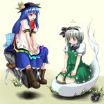  blue_hair blush food fruit grey_hair hat hinanawi_tenshi hitodama keystone konpaku_youmu konpaku_youmu_(ghost) leaf multiple_girls peach red_eyes rope shimenawa touhou yamu_(yamuyama_web) 